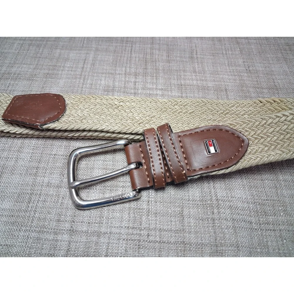 Tommy Hilfiger Mens Khaki Tan Braided Stretch Belt Brown Leather Trim Lg 40-42